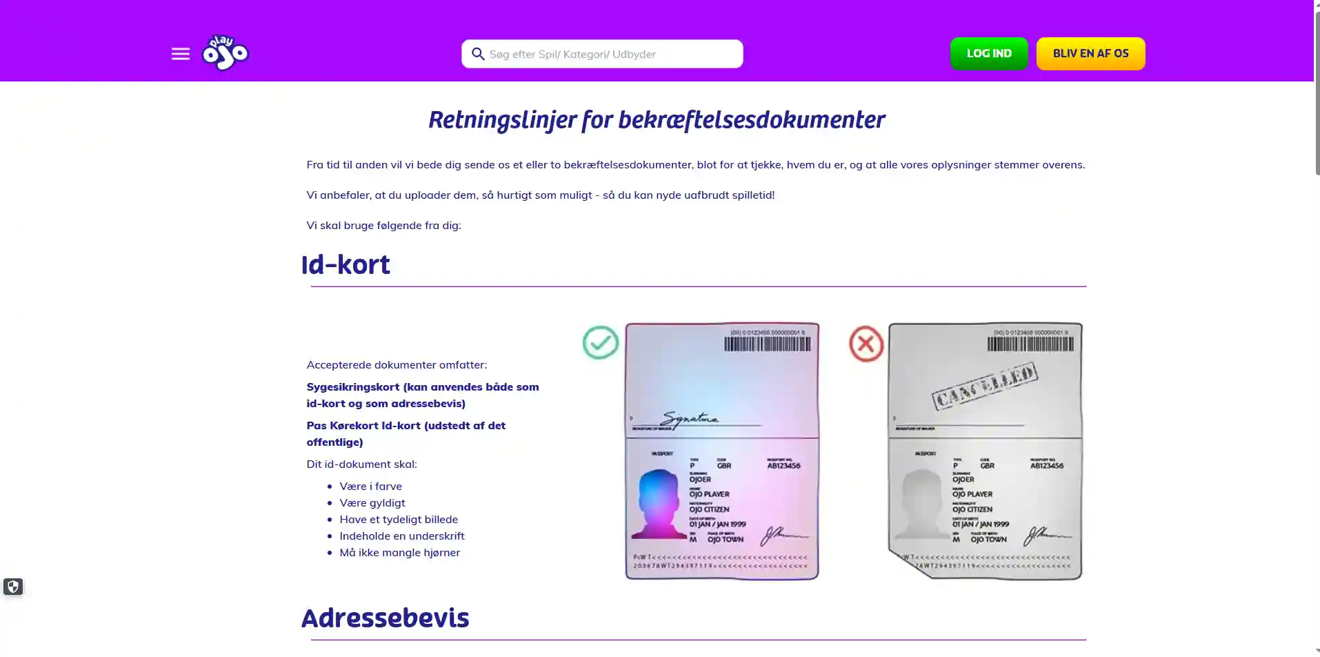 PlayOJO officiel dansk side for verificeringsdokumenter