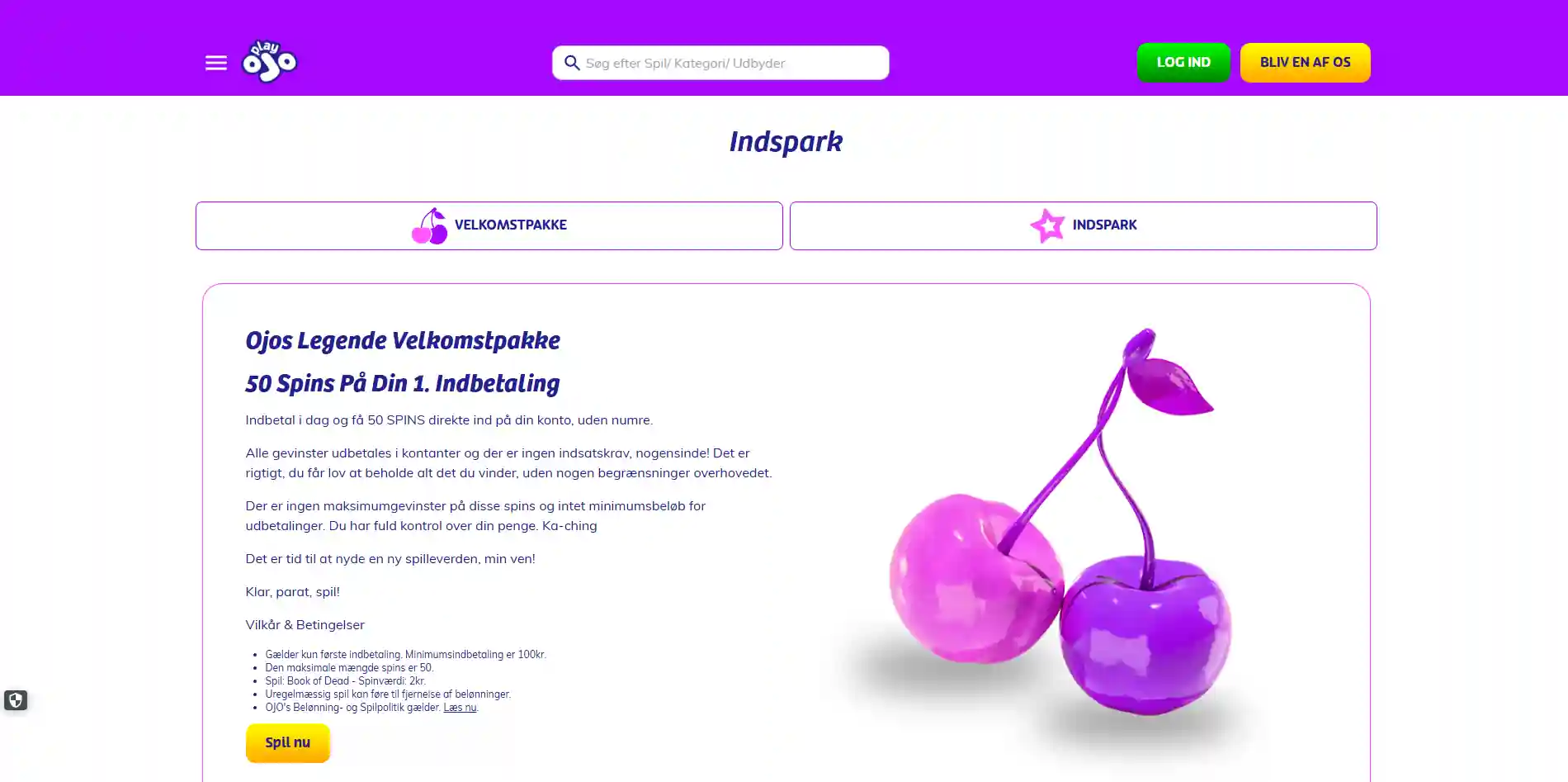 PlayOJOs danske velkomstside med 50 spins og centrale vilkår