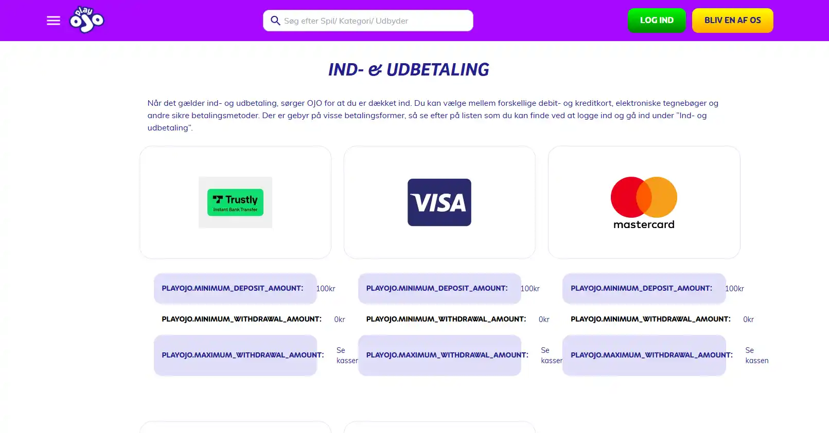 PlayOJO bankside med betalingskategorier og metode-logoer
