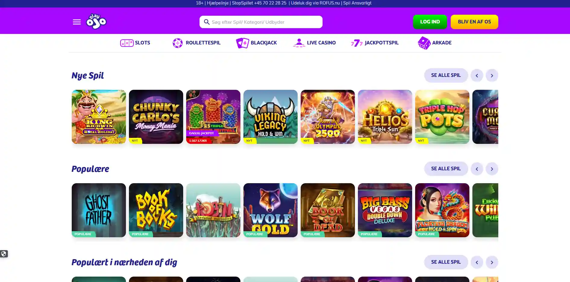 PlayOJO dansk spillobby med synlige spil og kategorier
